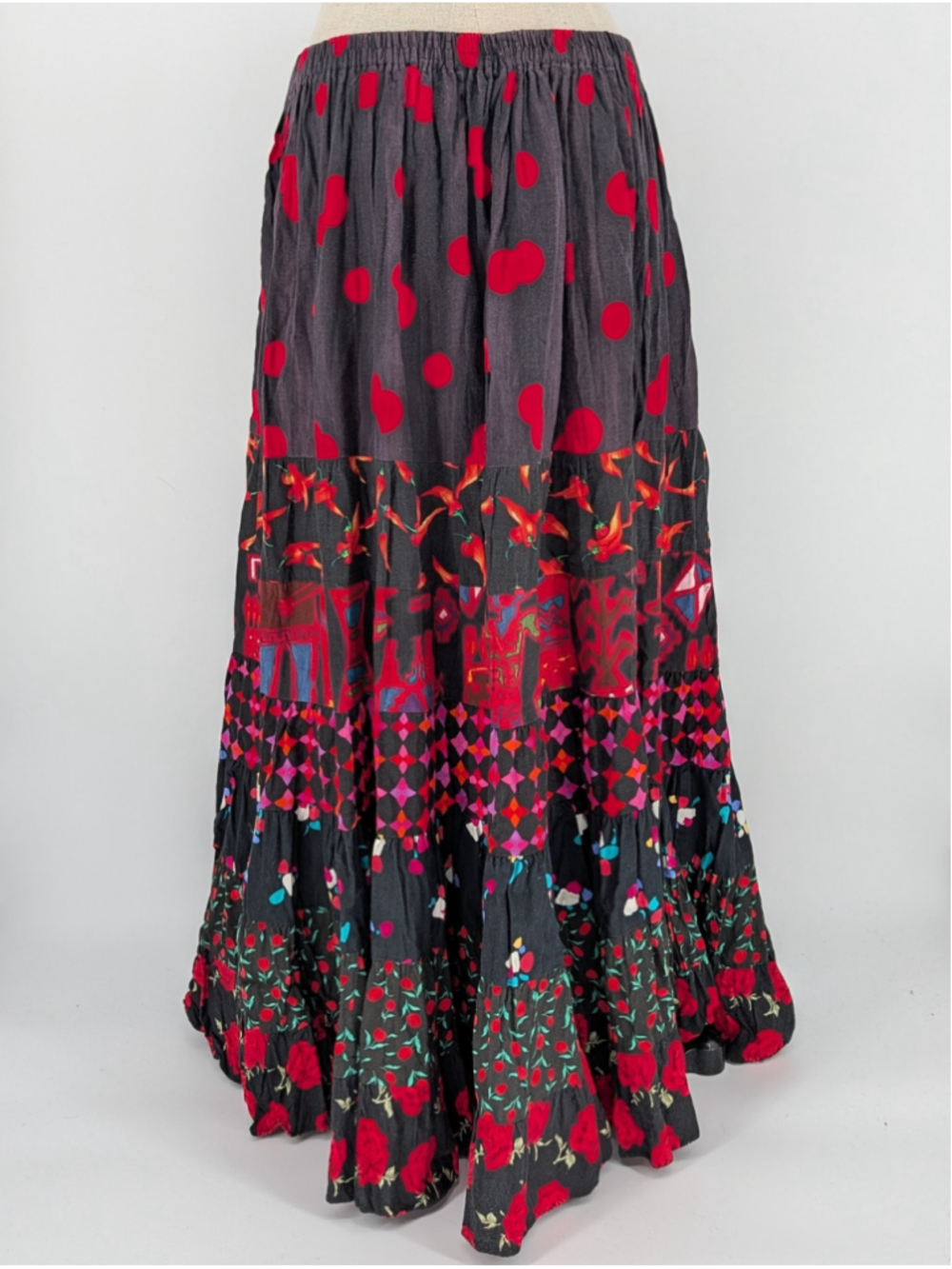 Vintage Anna Konya Patchwork Tiered Maxi Skirt One Size Dark Boho Festival 90s - Picture 4 of 14
